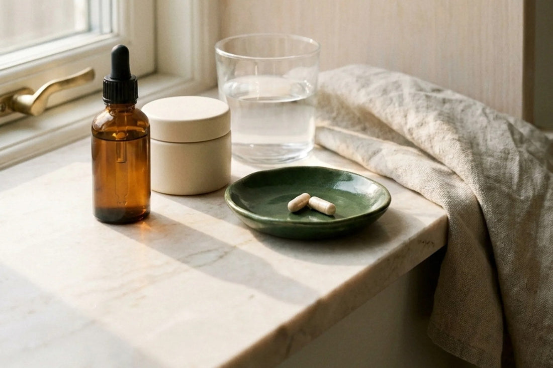 A serum bottle, cream jar, glass of water and two capsules on a marble shelf