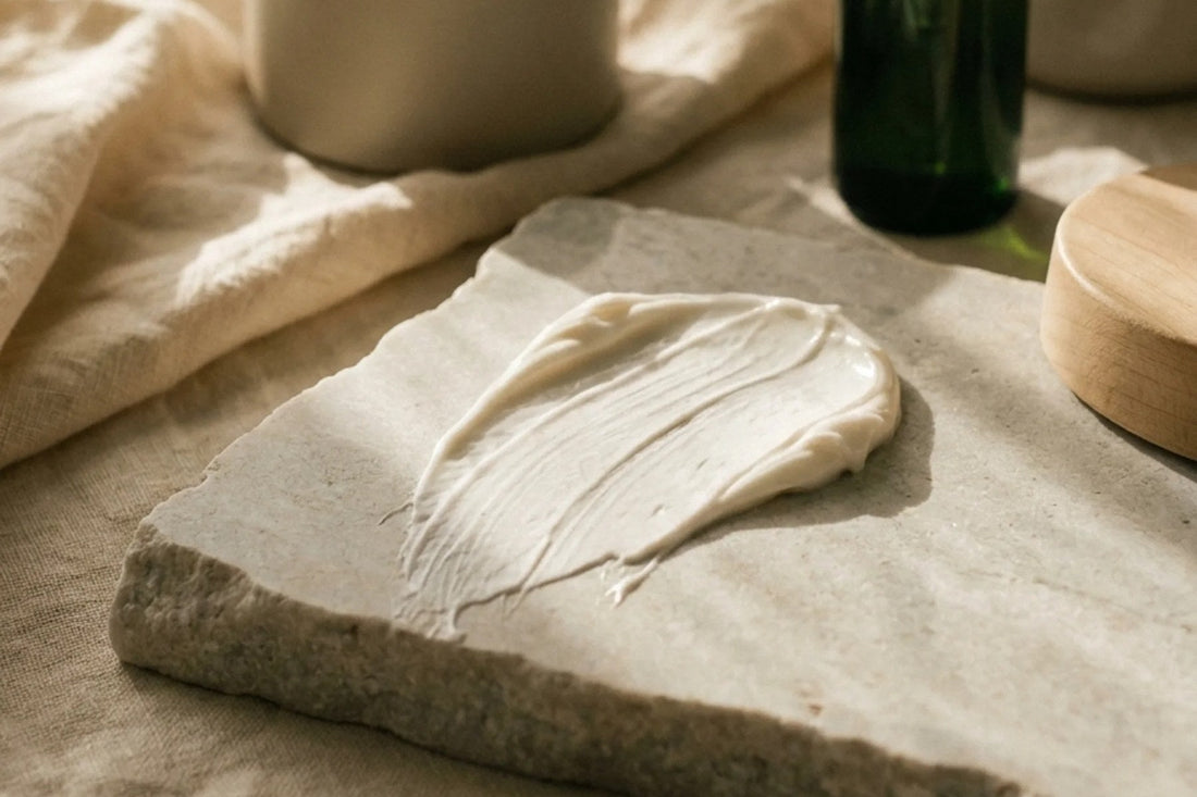 A swipe of rich cream on pale stone beside an open jar