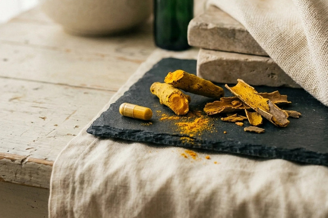Bright yellow barberry root and bark on slate beside a yellow capsule
