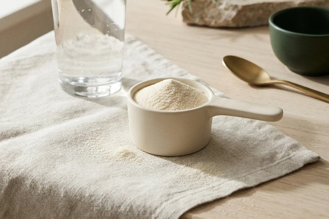 A scoop of marine collagen powder beside a glass of water