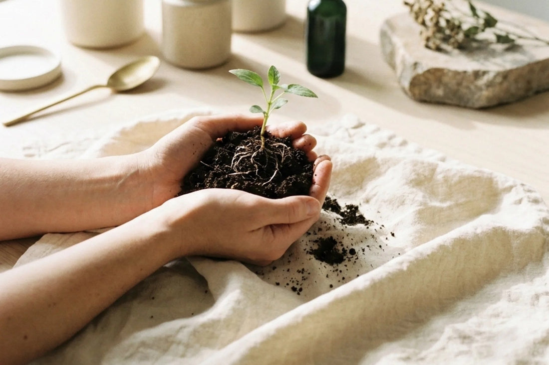 A seedling held in cupped hands, roots visible in dark soil