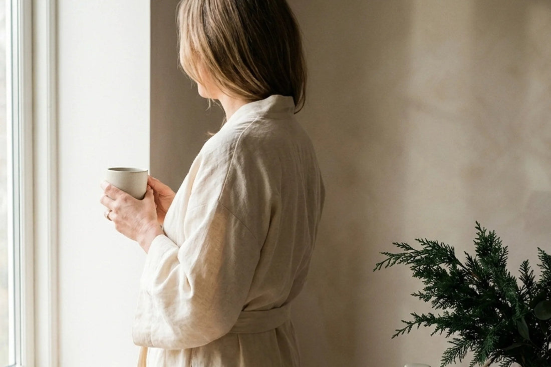 A woman at a window holding a cup of tea in morning light