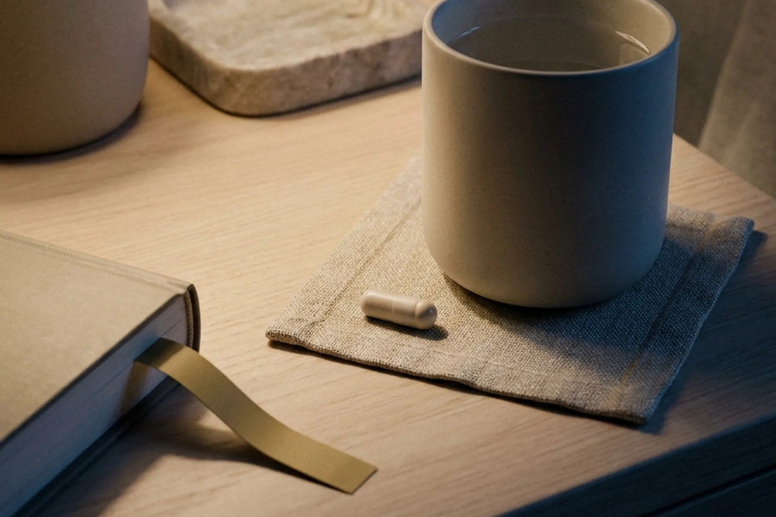 A capsule and cup of water on a bedside table by lamplight