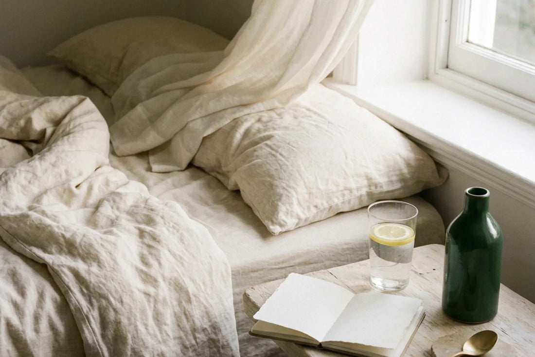 A linen bed in early morning light with water and a notebook bedside