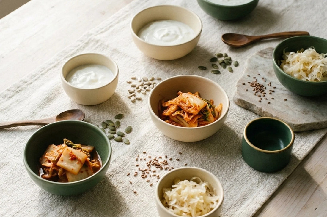 Bowls of yoghurt, kimchi and sauerkraut with seeds on linen