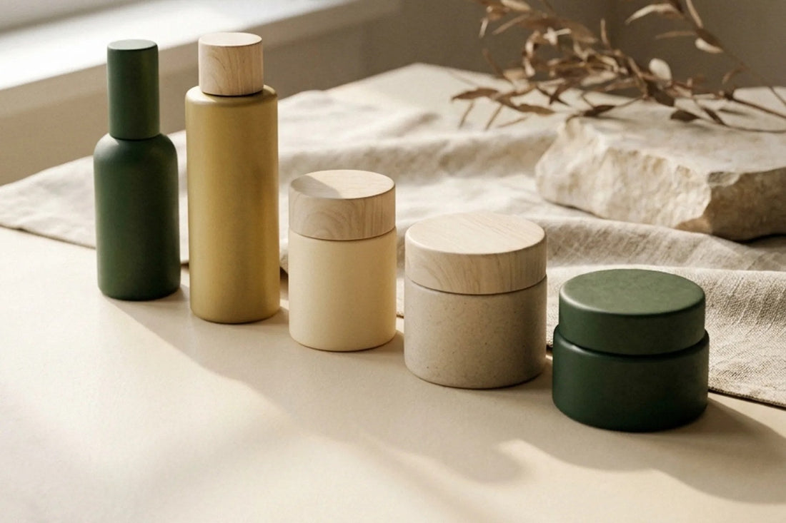 Five skincare vessels arranged in a row by height