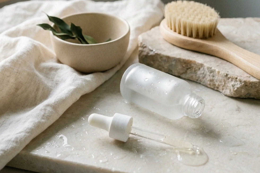A frosted serum dropper bottle on wet stone with water beads