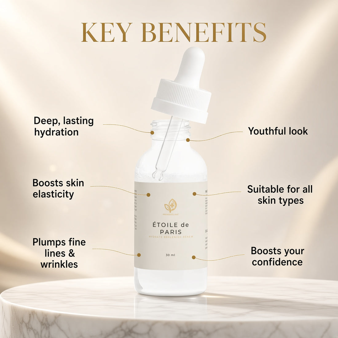 Étoile de Paris hyaluronic acid serum benefits infographic