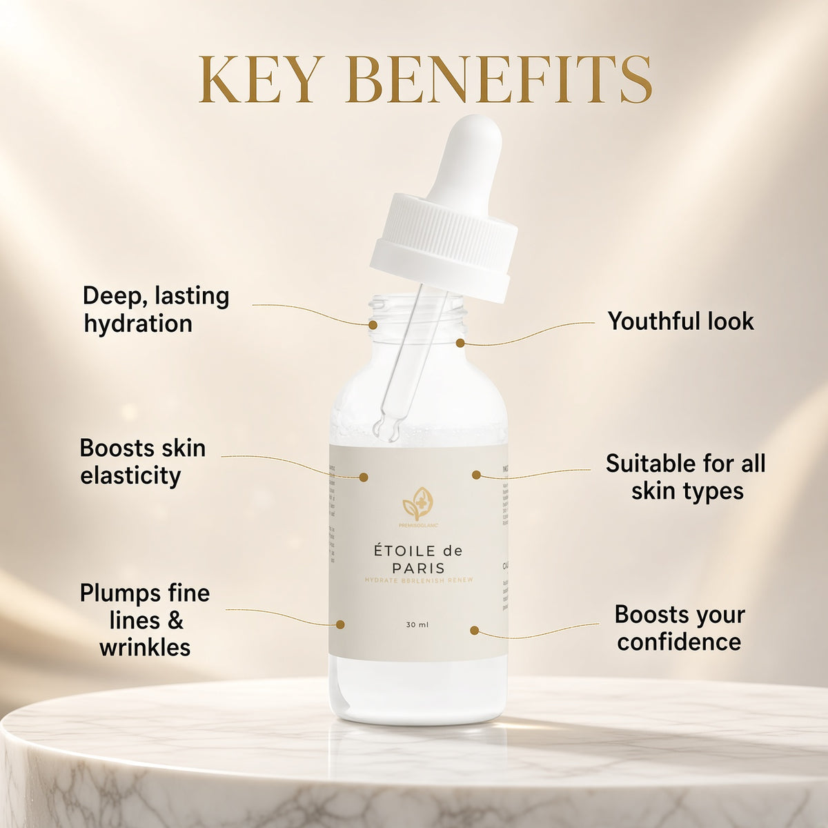 Étoile de Paris hyaluronic acid serum benefits infographic