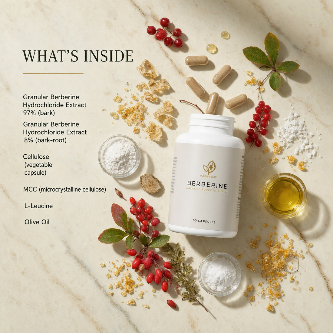 Berberine HCl 500mg inside formula and capsule detail